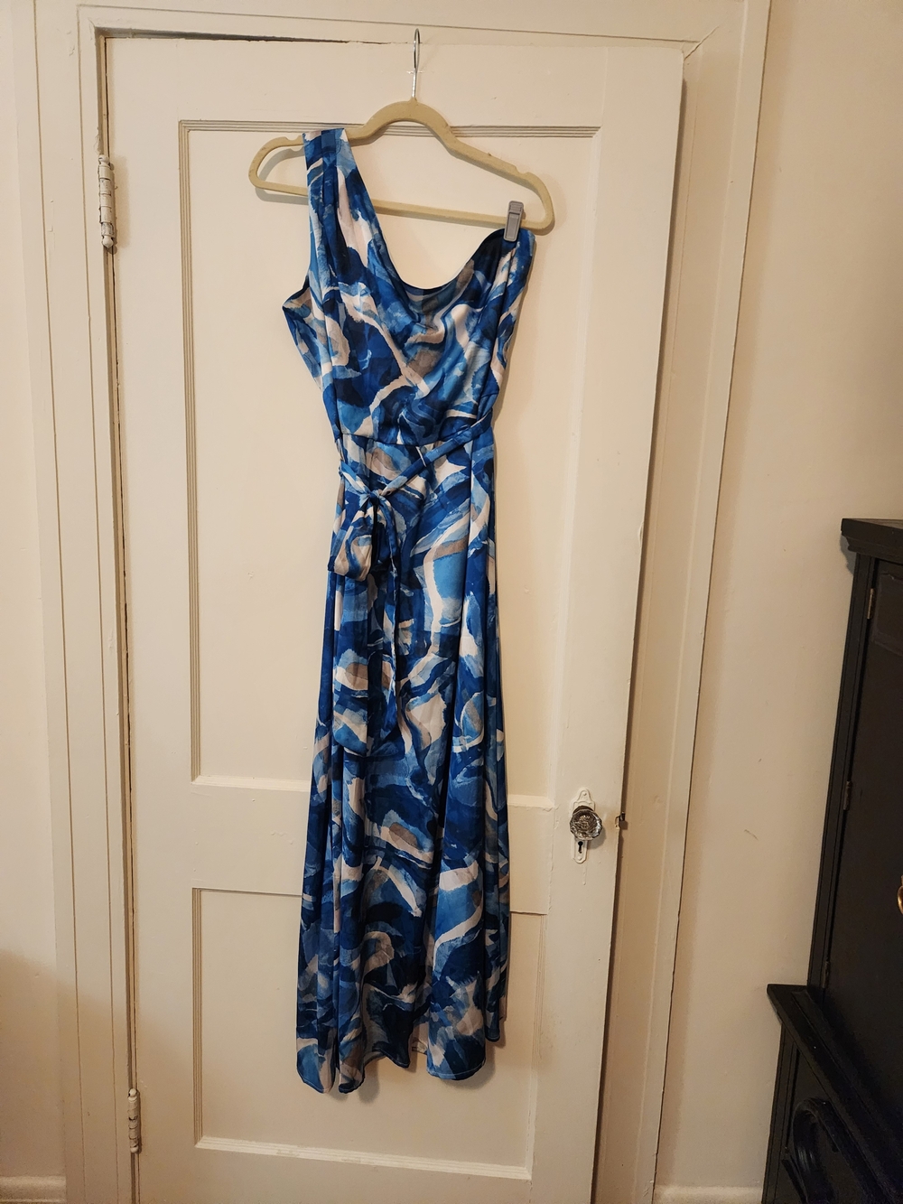 Nicole Miller New York Size 16 Blue Abstract One Shoulder Belted Maxi Dress